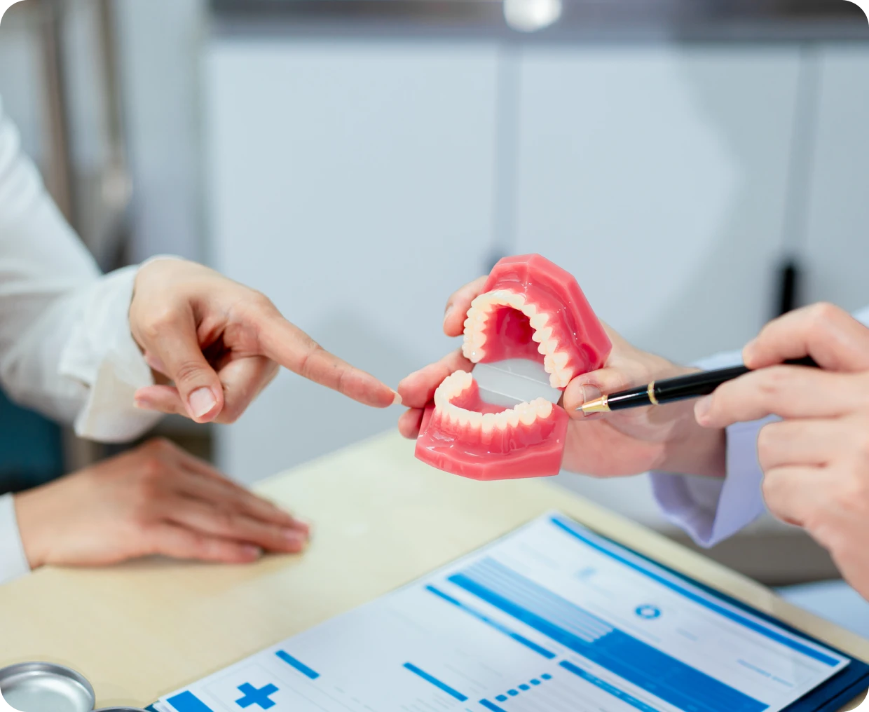 Dentist explaining with jaw model and document