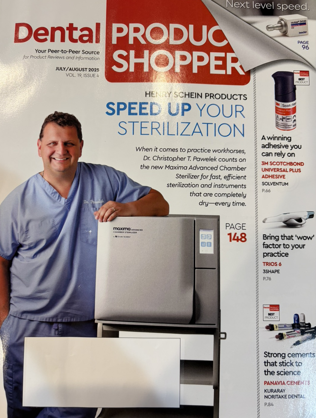 Dental magazine cover showing dentist and sterilizer